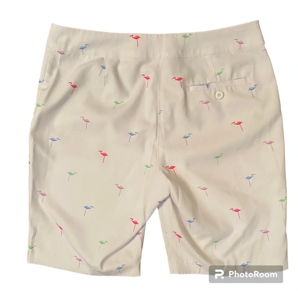 GREG NORMAN SHORTS BERMUDA ACTIVE WHITE FLAMINGO PRINT POCKETS FLAT FRONT SIZE 6